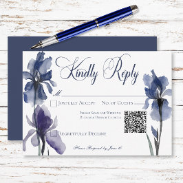 Cartão RSVP Código QR do Casamento Moderno Iris Flores Azuis