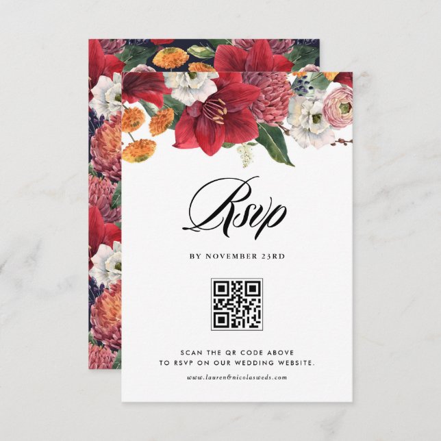 Cartão RSVP Código QR do Casamento no inverno Botânico do Amar (Frente/Verso)