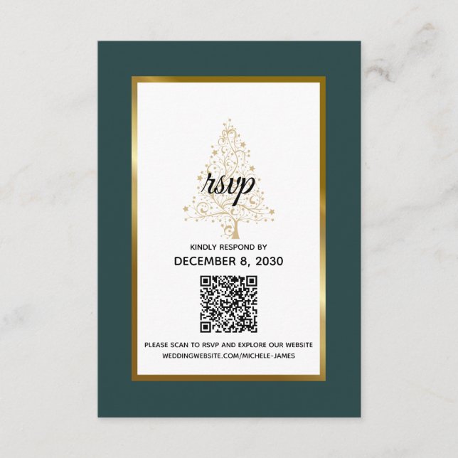 Cartão RSVP Código QR do Casamento no inverno Elegante Dourado (Frente)