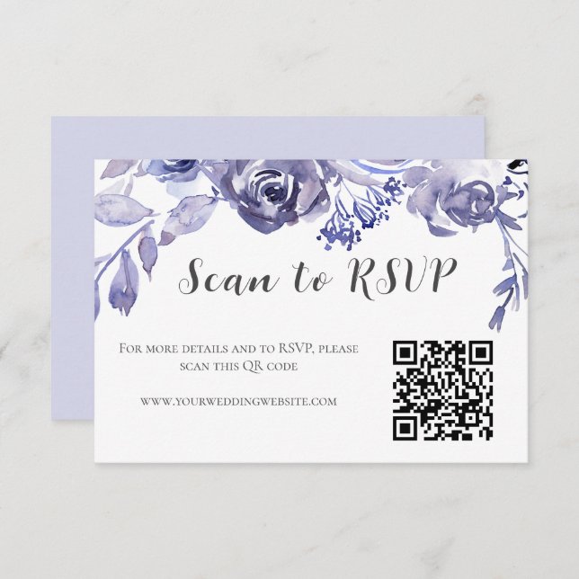 Cartão RSVP Código QR do Casamento no inverno Rosa Floral Roxo (Frente/Verso)