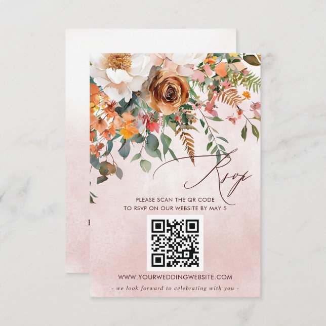 Cartão RSVP CÓDIGO QR do Casamento outono Floral Laranja Russo (Frente/Verso)