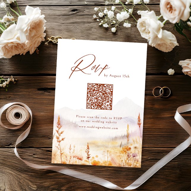 Cartão RSVP Código QR do casamento rústico da montanha de flor (Fall Wildflower Mountain Rustic Wedding QR code RSVP Card)