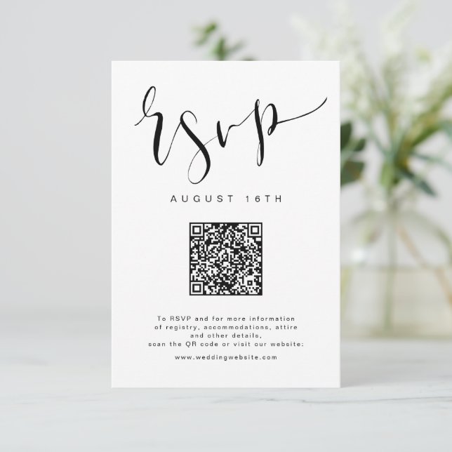 Cartão RSVP Código QR do casamento Simples de Script Branco Pr (Em pé/Frente)