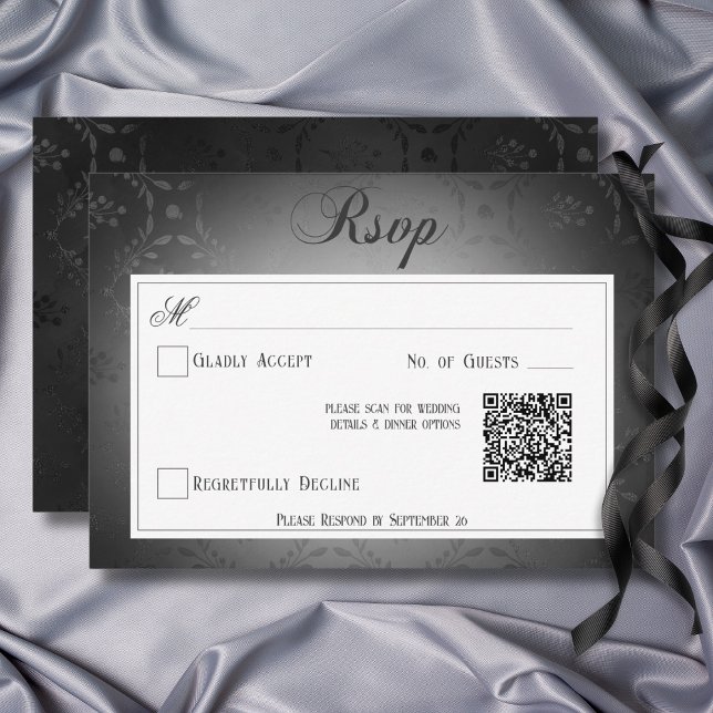 Cartão RSVP Código QR do Casamento tema damasco Preto Gótico V (Vintage Dark Gothic Black Damask Wedding QR Code RSVP Card)