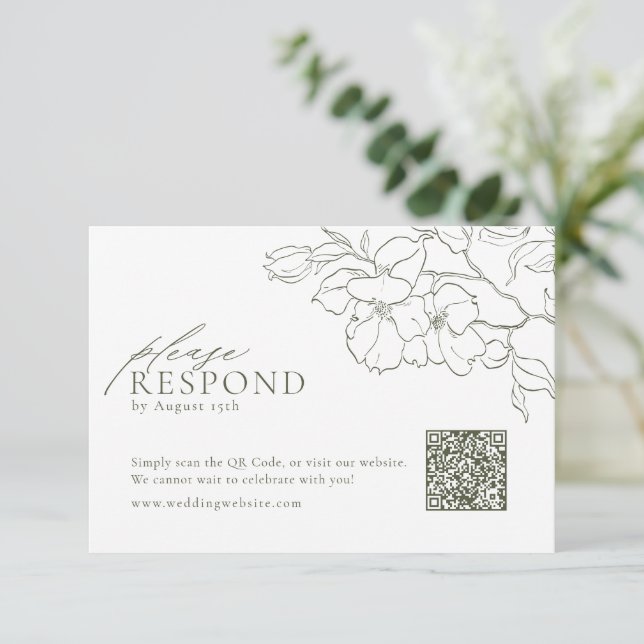 Cartão RSVP Código QR do casamento verde do sábado floral eleg (Em pé/Frente)