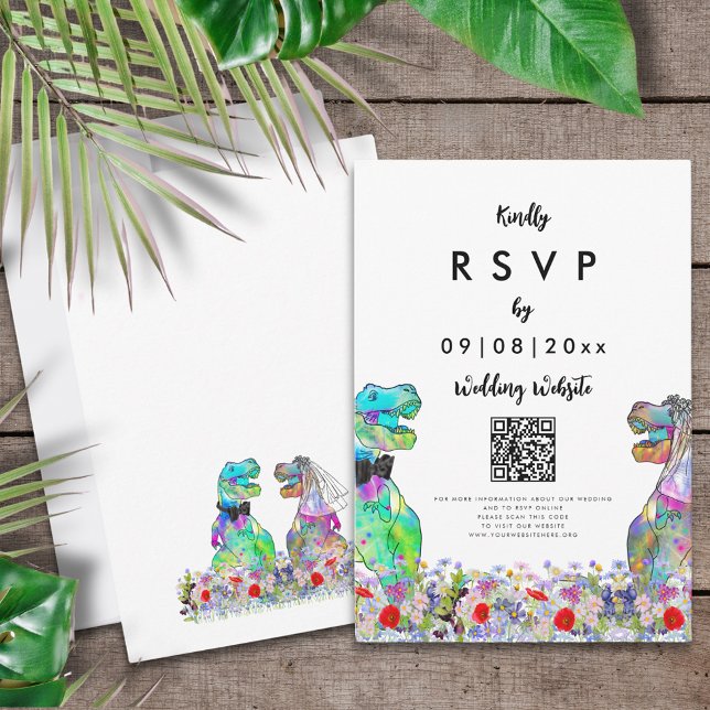 Cartão RSVP Código QR do Site de Casamento com Tema de Dinossa (Colorful dinosaur themed wedding online RSVP QR code enclosure card)