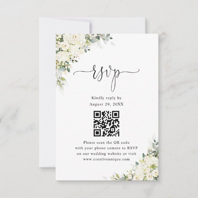 Cartão RSVP Código QR do Site de Casamento de Flores Brancas E (Frente)