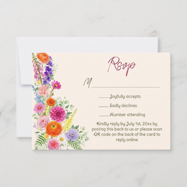 Cartão RSVP Código QR do Site de Casamento de Flores do Jardim (Frente)