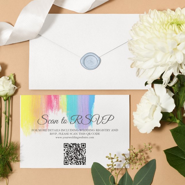 Cartão RSVP Código QR do Site de Casamento do Rainbow Elegante (Criador carregado)