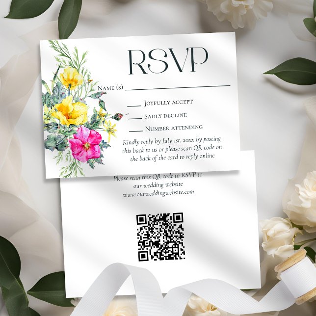 Cartão RSVP Código QR do Site de Casamento Floral do Elegante  (Criador carregado)