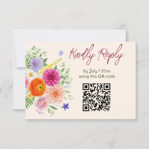 Cartão RSVP Código QR do Site de Noivas com Flores de Jardim C