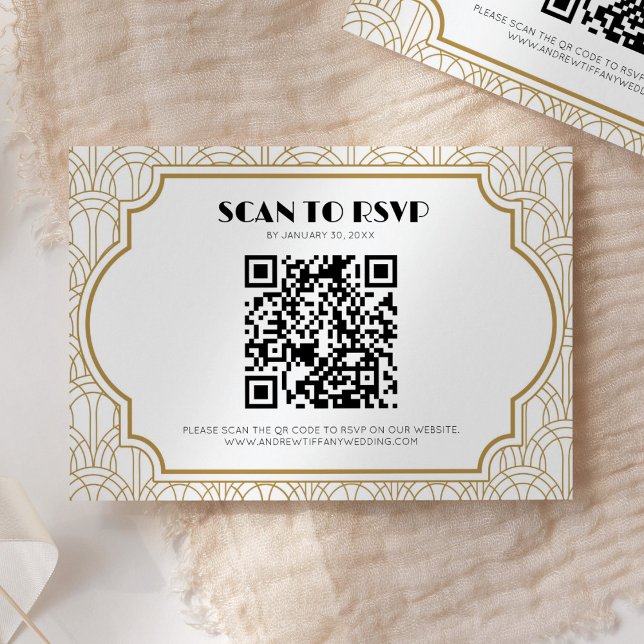 Cartão RSVP Código QR Dourado Casamento Art Deco Gatsby Anos 2 (Criador carregado)