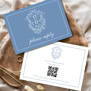 Cartão RSVP Código QR Dusty Blue Crest Monograma Casamento