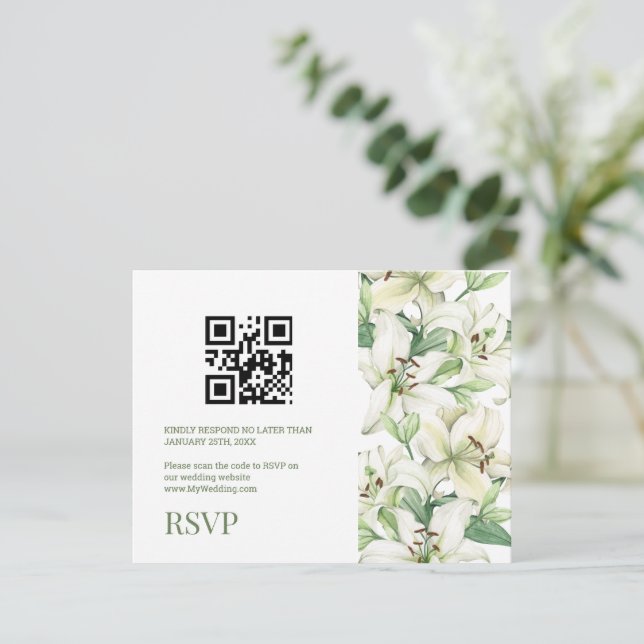 Cartão RSVP Código QR Elegância Flor de LÍRIO (Em pé/Frente)