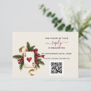 Cartão RSVP Código QR Elegante Cassino Burgundy Dourado Respos