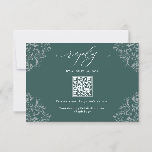 Cartão RSVP Código QR Elegante do Casamento vintage Verde Emer (Frente)
