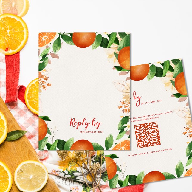 Cartão RSVP Código QR Elegante Laranja Cítrico Outono Casament (Elegant QR Code Citrus Orange Autumn Fall Wedding RSVP Card)