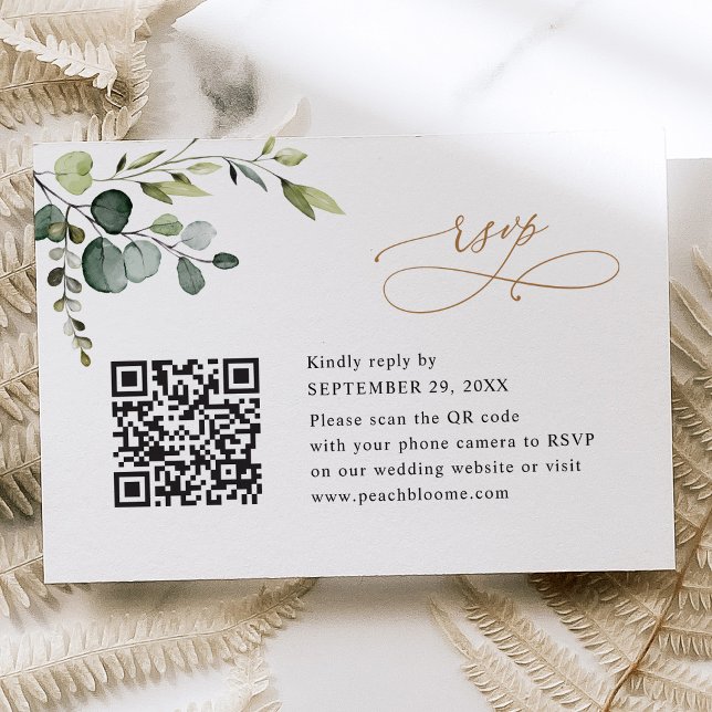 Cartão RSVP Código Qr Eucalyptus Greenery Casamento Dourado (Criador carregado)