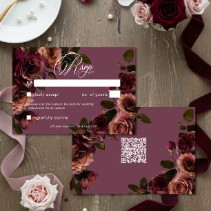 Cartão RSVP Código QR Floral Burgundy e Ferrugem Suave Elegant