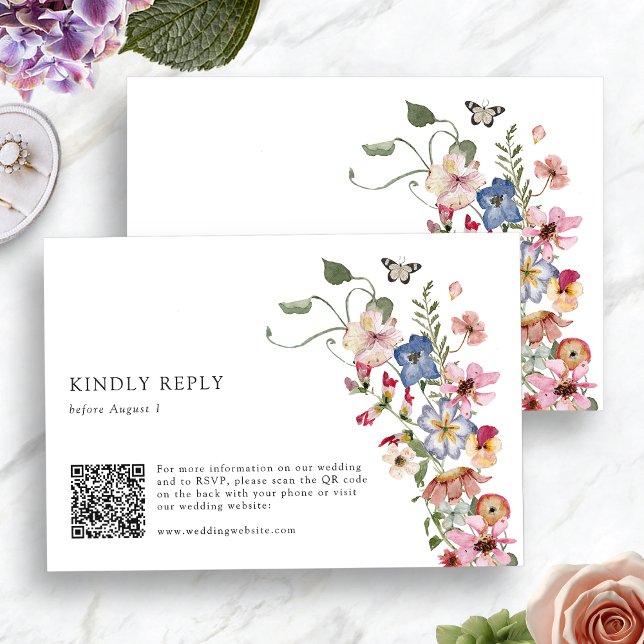 Cartão RSVP Código QR Floral Colorido (Colorful Watercolor Floral QR Code RSVP Card by Painted Paperie)