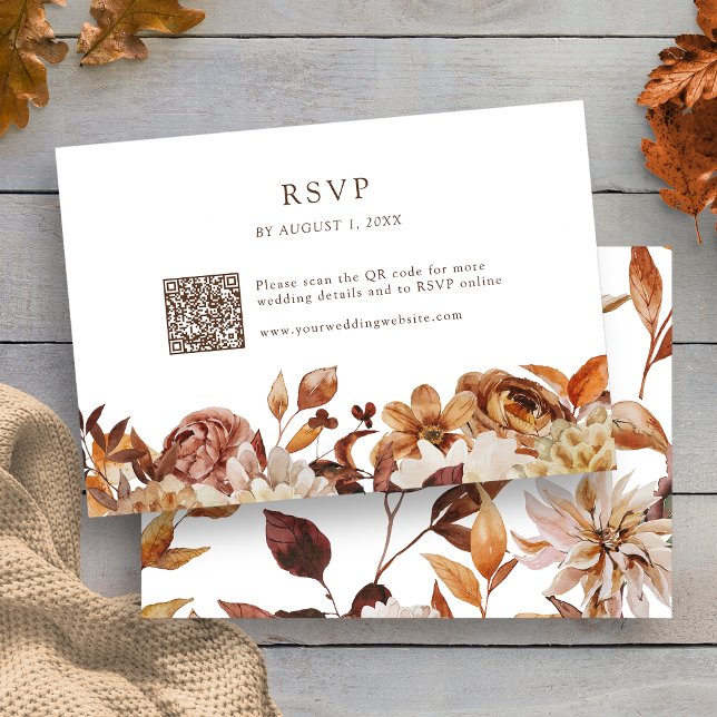 Cartão RSVP Código QR Floral das Folhas (Modern Fall Leaves Floral QR Code RSVP Card by Painted Paperie
)