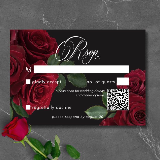 Cartão RSVP Código QR Floral das Rosas vermelhas de Sangue do  (Elegant Moody Blood Red Roses Floral No Dinner RSVP Card)