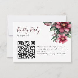 Cartão RSVP Código QR Floral de Casamento Burgundy