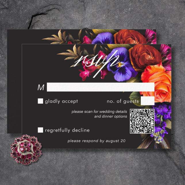 Cartão RSVP Código QR Floral de Colheita de Vibrantes Elegante (Elegant Moody Vibrant Harvest Floral QR Code RSVP Card)