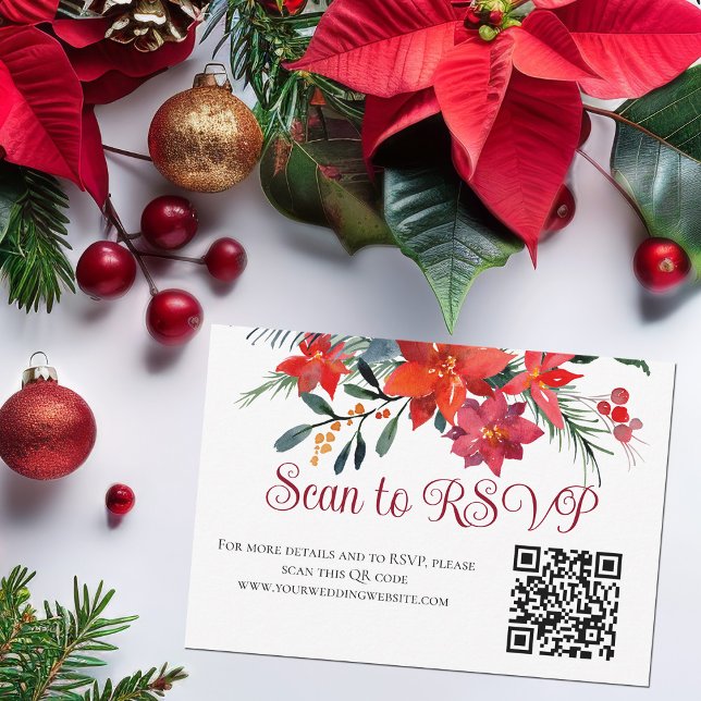 Cartão RSVP Código QR Floral Elegante de Poinsettia de Natal V (Criador carregado)