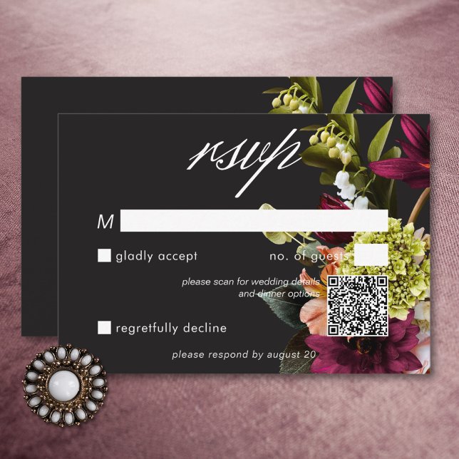 Cartão RSVP Código QR Floral Elegante Moody Burgundy e Rosa (Elegant Moody Burgundy & Pink Floral QR Code RSVP Card)