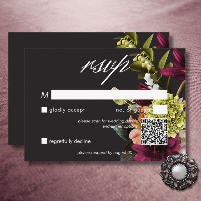 Cartão RSVP Código QR Floral Elegante Moody Burgundy e Rosa (Elegant Moody Burgundy & Pink Floral QR Code RSVP Card)