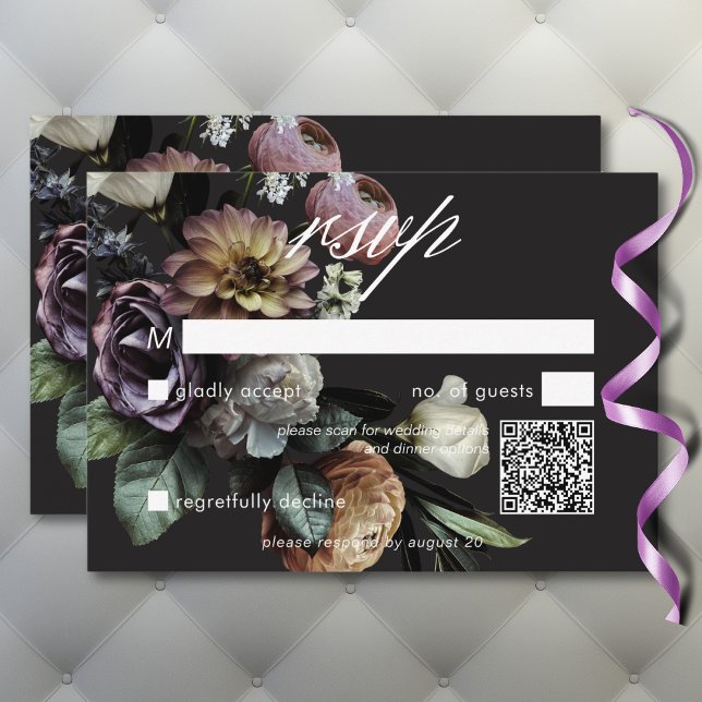 Cartão RSVP Código QR Floral Elegante Moody Twilight Mudou (Elegant Moody Twilight Muted Floral QR Code RSVP Card)