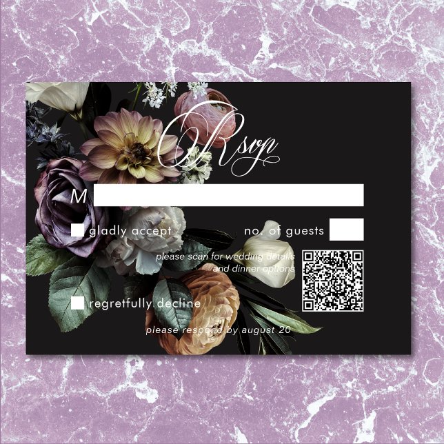 Cartão RSVP Código QR Floral Elegante Moody Twilight Mudou (Elegant Moody Twilight Muted Floral QR Code RSVP)