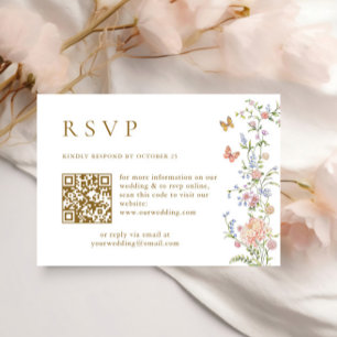 Cartão RSVP Código QR Floral Rosa Pastel Gracioso Ornamentado