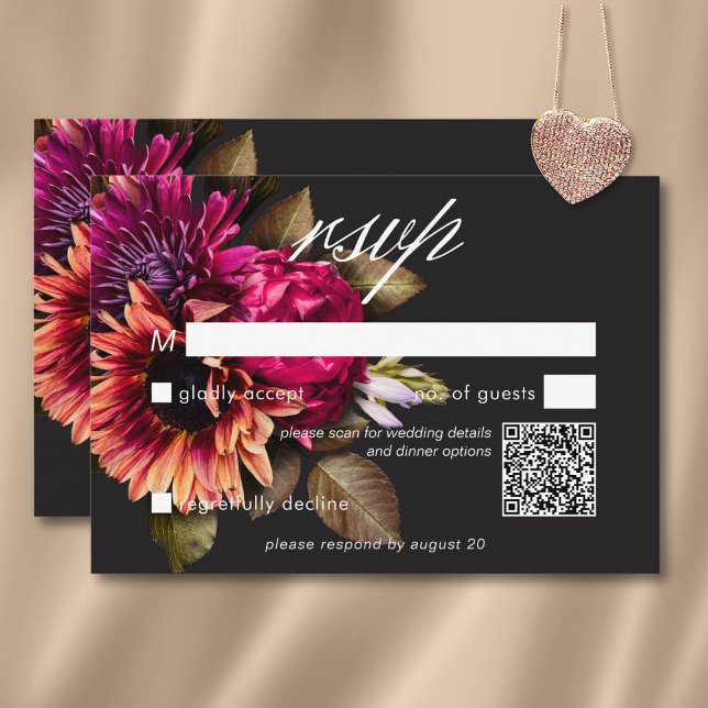 Cartão RSVP Código QR Floral Sunset da Elegante Vibrante Solar (Elegant Moody Vibrant Sunset Floral QR Code RSVP Card)
