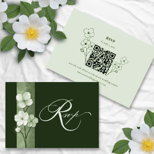 Cartão RSVP Código QR Floral Verde Salvia Desenhado à Mão para