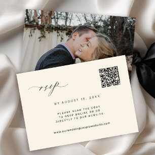 Cartão RSVP código QR foto casamento preto e marfim