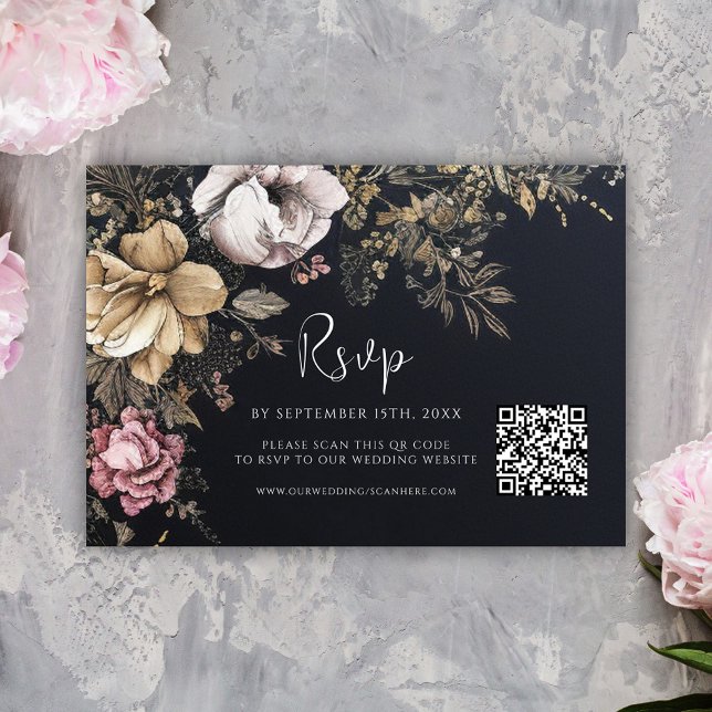 Cartão RSVP Código QR Gótico Casamento Preto Floral (Gothic QR Code Floral Black Wedding RSVP Card)