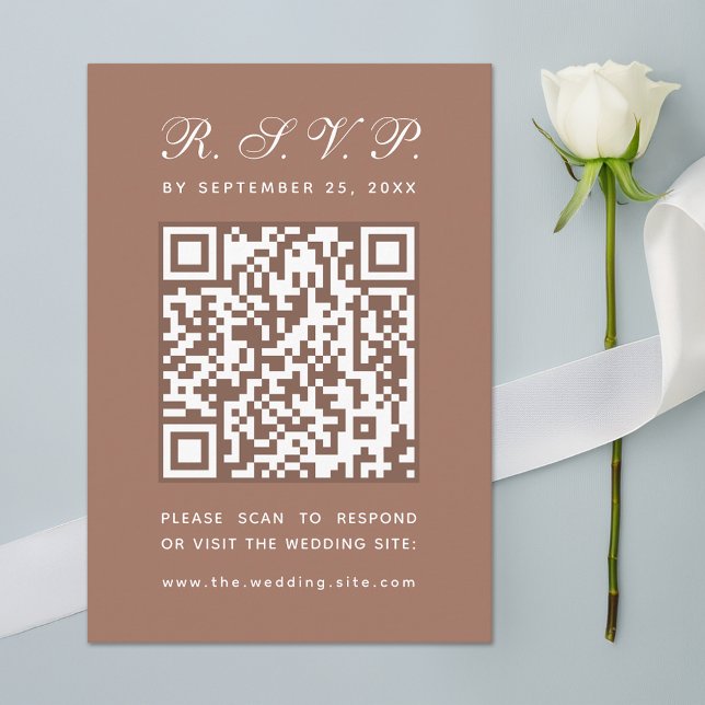 Cartão RSVP Código QR Marrom Terroso Calligraphy Simples Casam (Criador carregado)