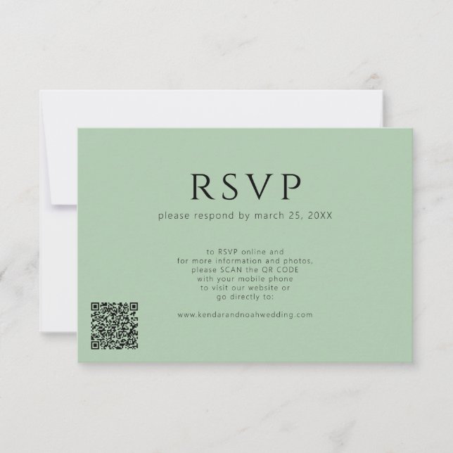 Cartão RSVP Código QR mínimo casamento verde sábio moderno (Frente)