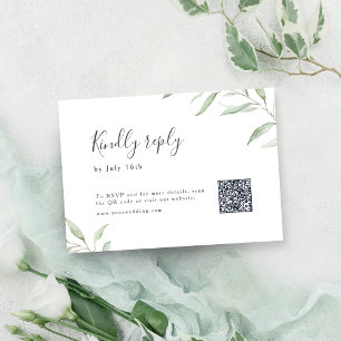 Cartão RSVP Código QR mínimo de casamento botânico verde-verde