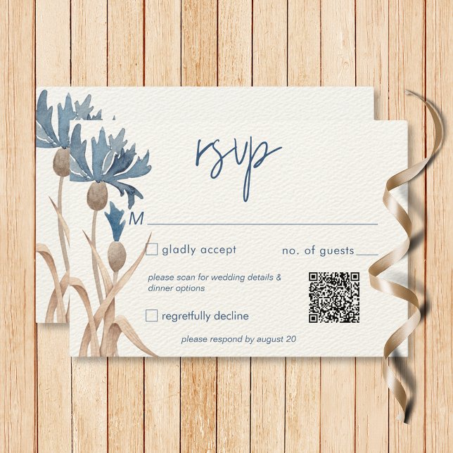 Cartão RSVP Código QR Moderno do Campo de Cornualha Azul (Blue Cornflowers & Wheat Field Modern QR Code RSVP Card)