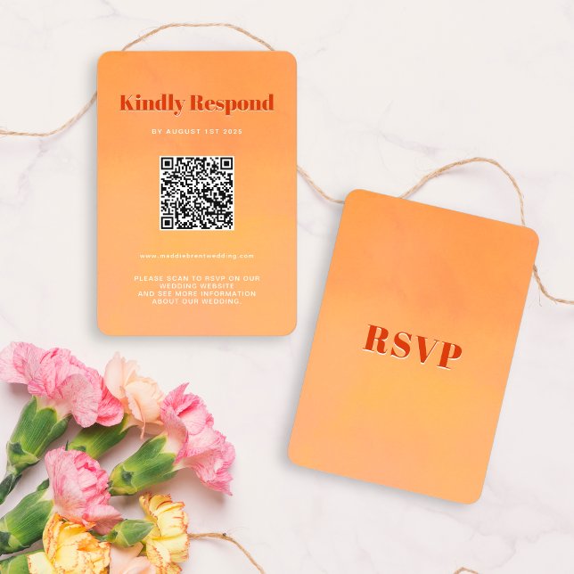 Cartão RSVP Código QR Negrito Moderno Laranja Pôr do Sol Casam (Criador carregado)