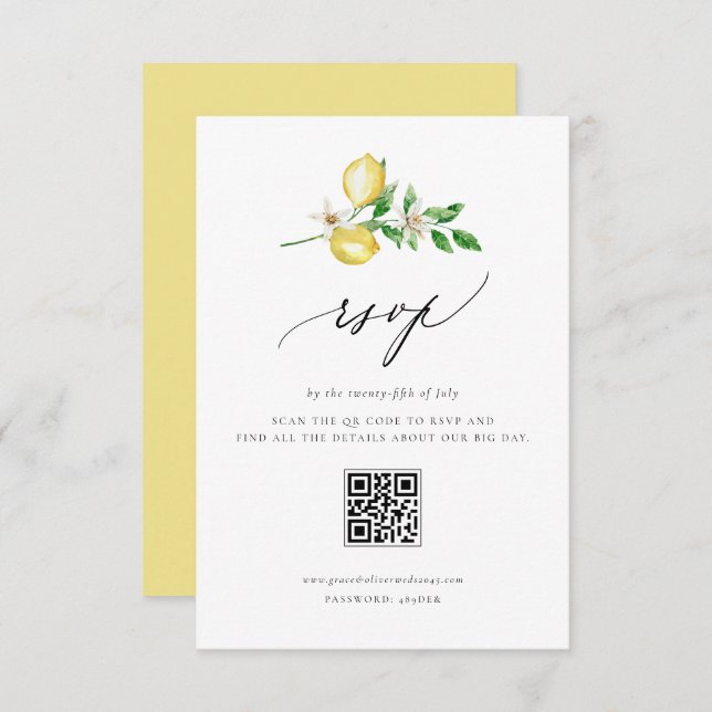 Cartão RSVP Código QR para Lemon Botânico e Casamento Verde (Frente/Verso)