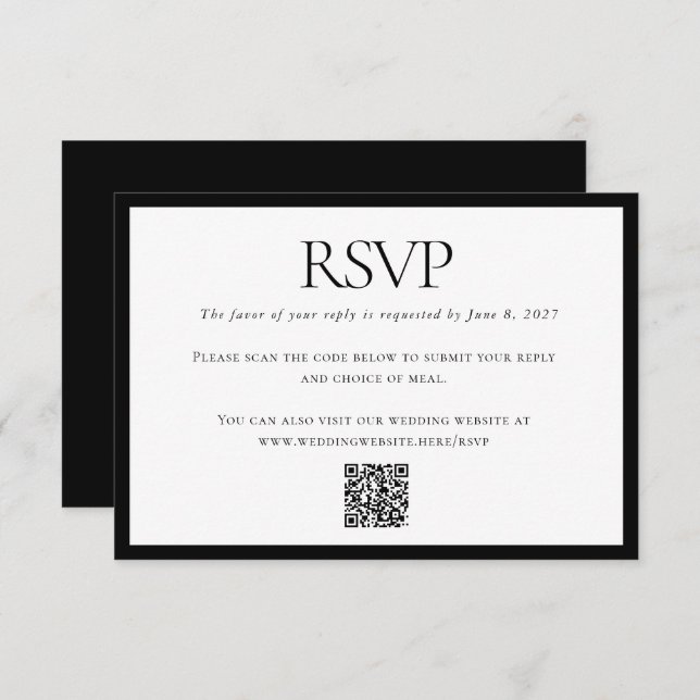 Cartão RSVP Código QR Personalizado de Casamento Branco Negro  (Frente/Verso)