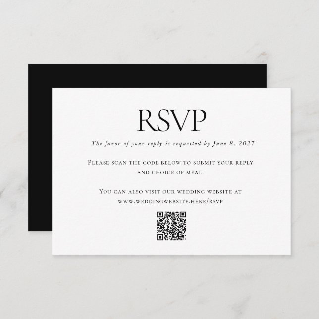 Cartão RSVP Código QR Personalizado de Casamento Branco Negro  (Frente/Verso)