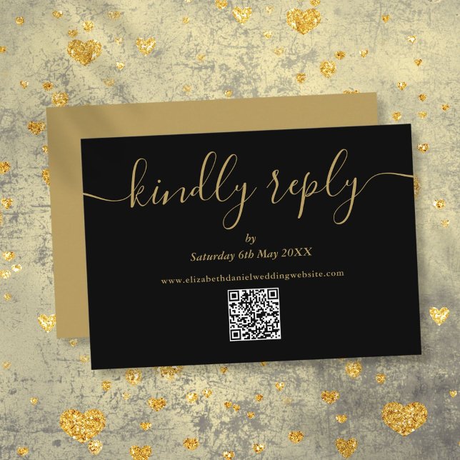 Cartão RSVP Código QR Preto e Dourado Elegante Responder com C (Black And Gold QR Code Elegant Script Kindly Reply RSVP Card)