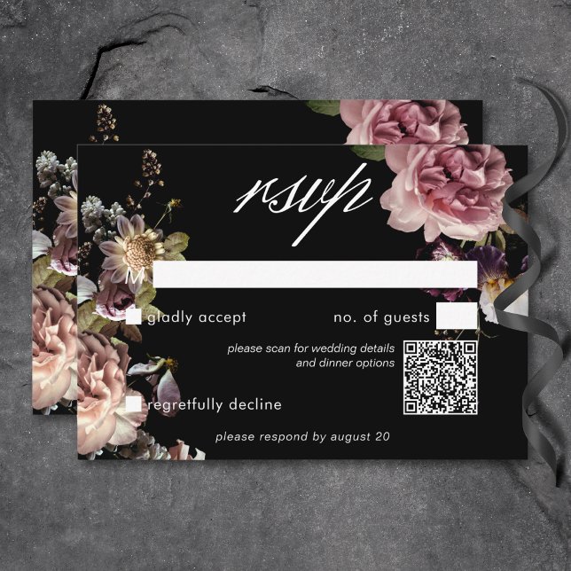 Cartão RSVP Código QR Preto Floral Opulente do Pastel Motivo E (Dark Moody Pastel Opulent Floral Black QR Code RSVP Card)