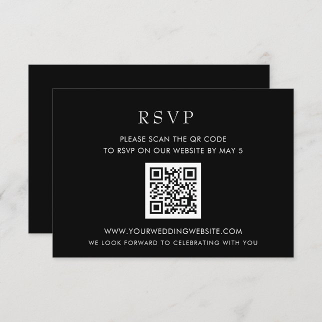 Cartão RSVP CÓDIGO QR Preto Moderno Elegante Simples (Frente/Verso)