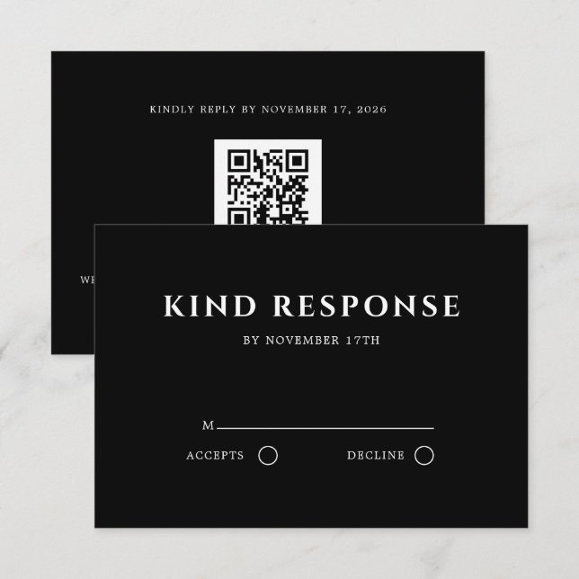 Cartão RSVP Código QR Preto Sofisticado Elegante Casamento (Frente/Verso)